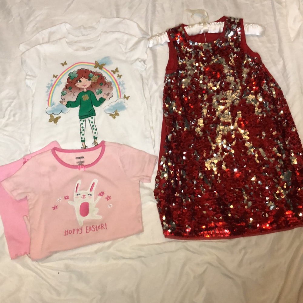 Girls sz. 8-9 H&M sparkly red Valentine dress St. Patrick's Day Tee & Easter PJs